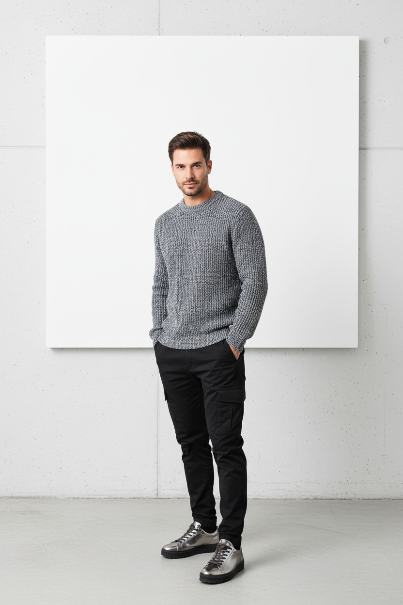 je veux une photo d'un bel homme avec un pull t un jogging et des basckets steel street wear avec un peu d'epace au dessus pour un titre 