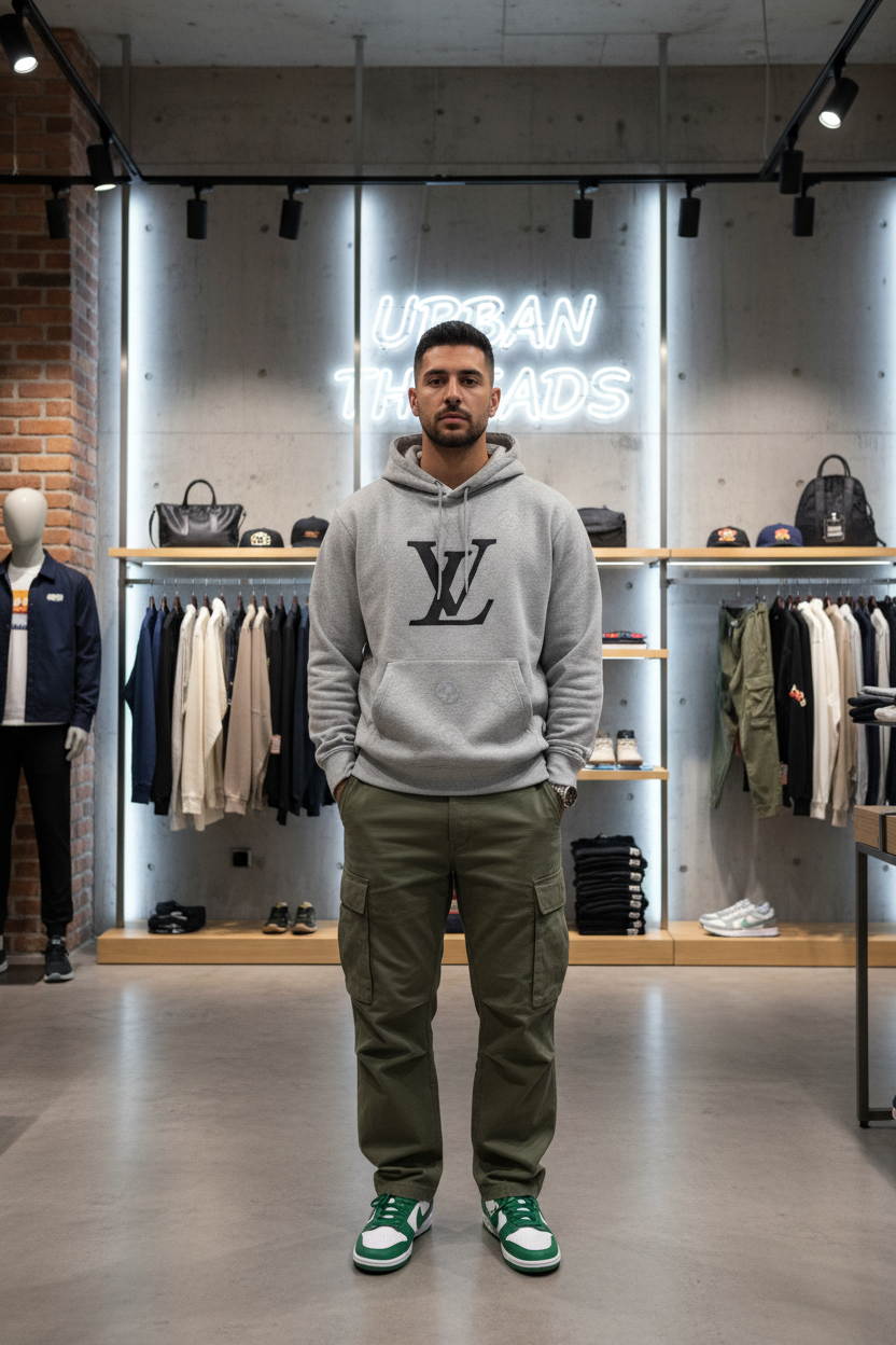 Look Complet" (Lifestyle)
Au lieu de montrer juste un visage ou un dos, utilise une photo d'un mannequin (ou toi-même) portant un ensemble cohérent.
un bel homm avec Un hoodie Louis Vuitton porté avec un pantalon cargo et une paire de Nike Dunk Low "Team Green".dans un magasin de pret  porter streetwear pour hommes 